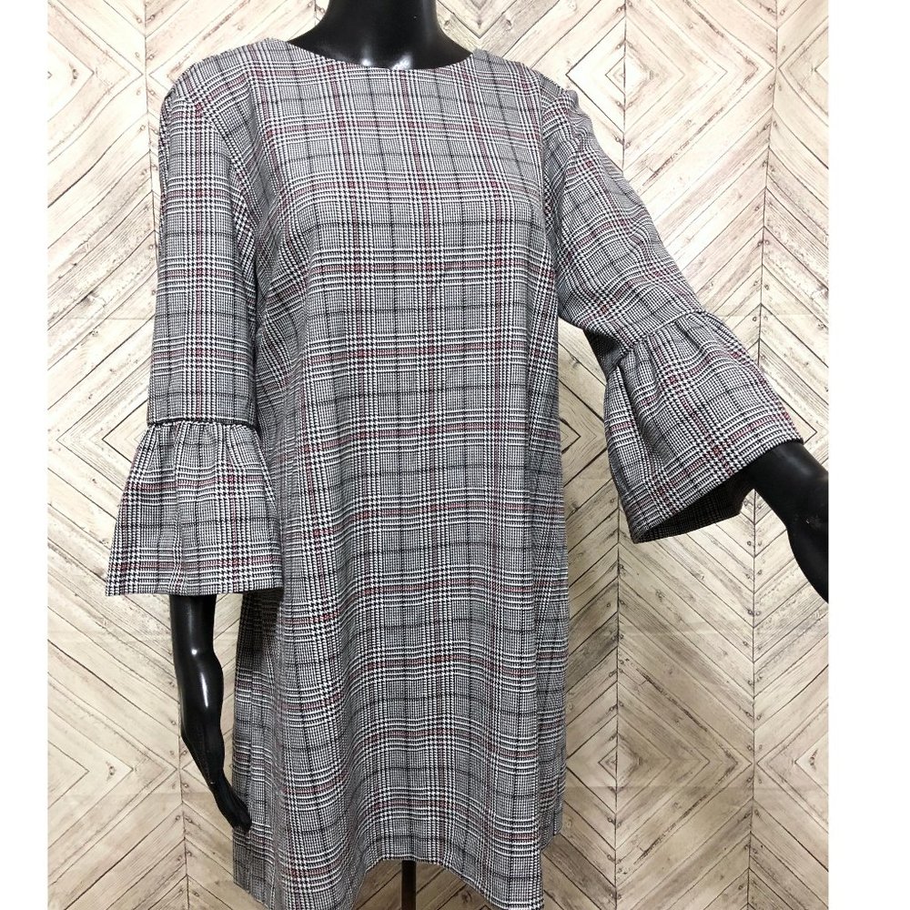 ZARA WOMEN L tartan plaid dress with bell sleeve
